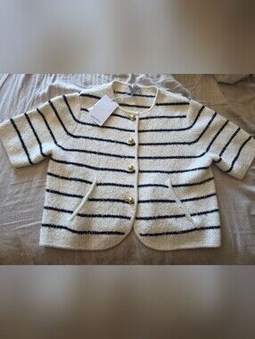 & Other Stories Cream and Black Striped Bouclé Top